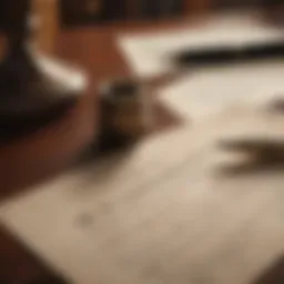 An elegant desk with a vintage quill pen and parchment paper, symbolizing the legacy of legal documentation