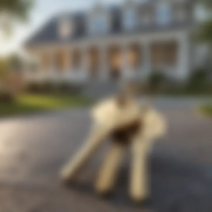 A symbolic image of keys in front of a house, representing homeownership.