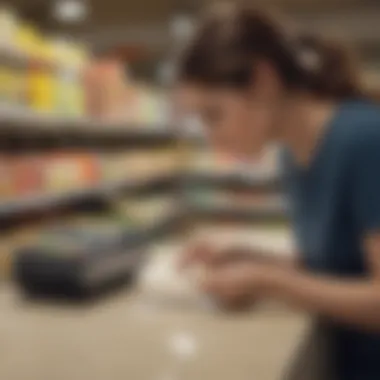 A shopper analyzing a grocery bill with a credit card in hand