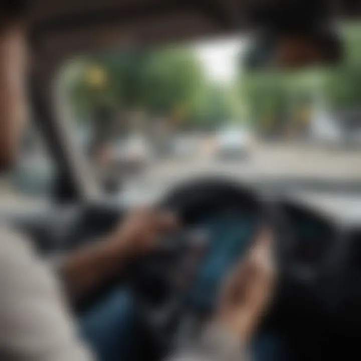 A driver using a smartphone, representing the technology behind ride-sharing.